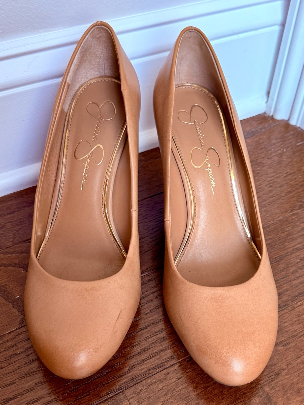 Jessica Simpson Camel/Tan Leather Round-Toe Wedges